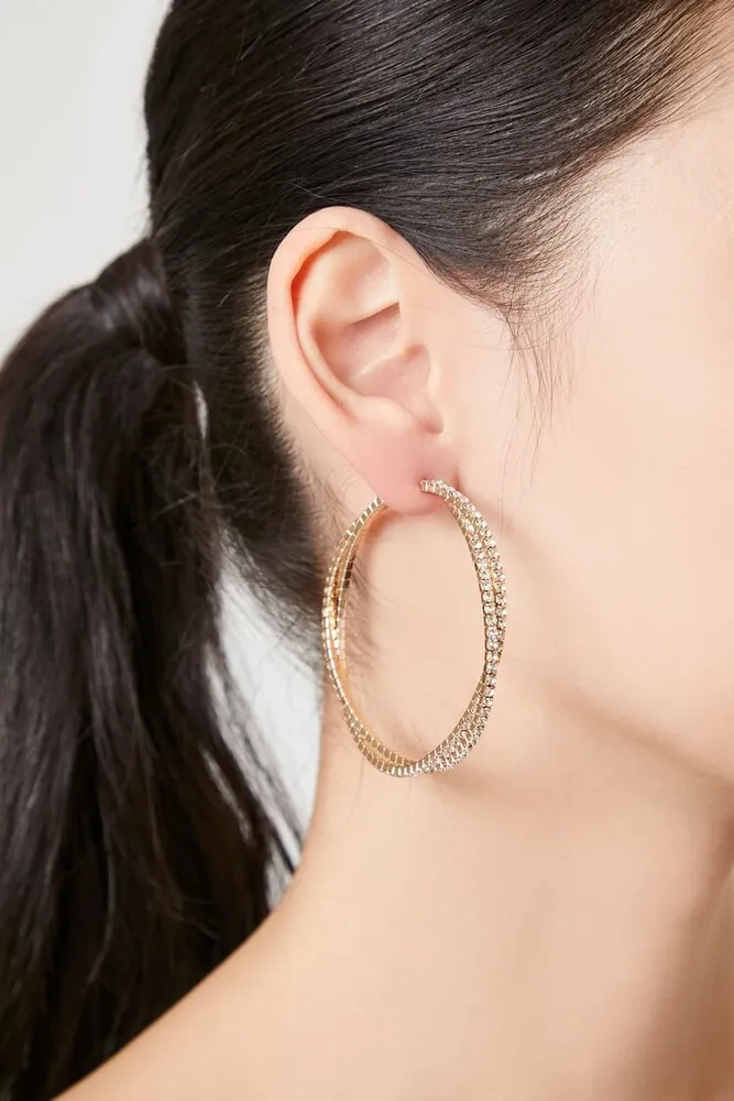 Forever 21 Women s Rhinestone Dual Hoop Earrings in Clear Gold