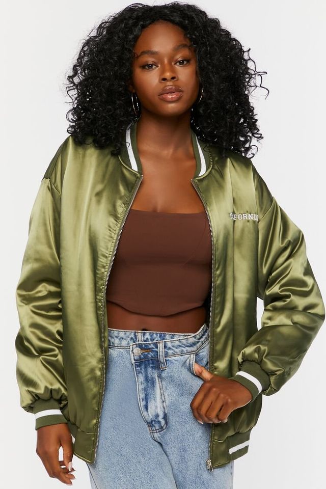 Khaki satin bomber jacket sale