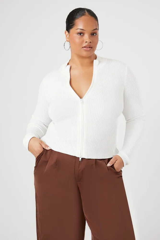 Forever 21 Women s Ribbed Zip Up Sweater in White 0X Vancouver Mall