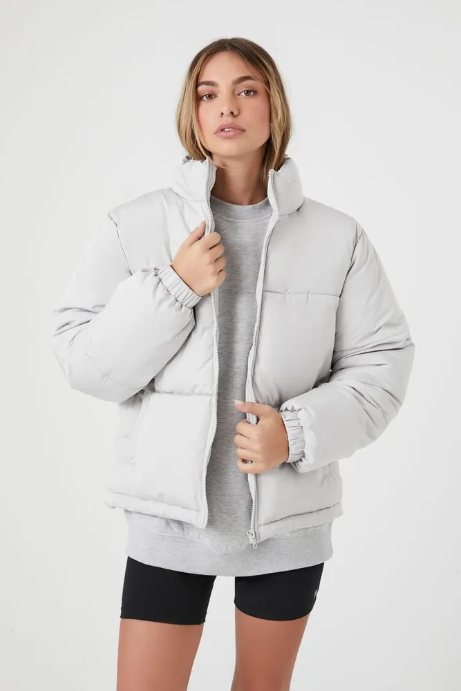 Forever 21 Women s Quilted Puffer Jacket in Silver Medium
