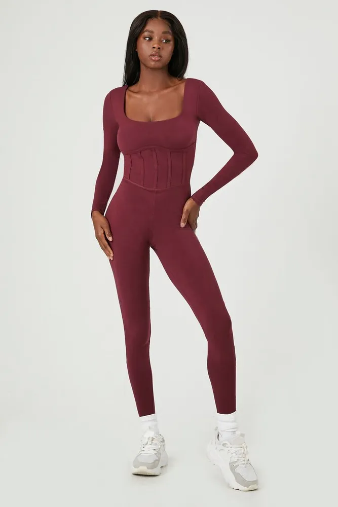 Forever 21 Women s Active Long Sleeve Corset Jumpsuit in Wine