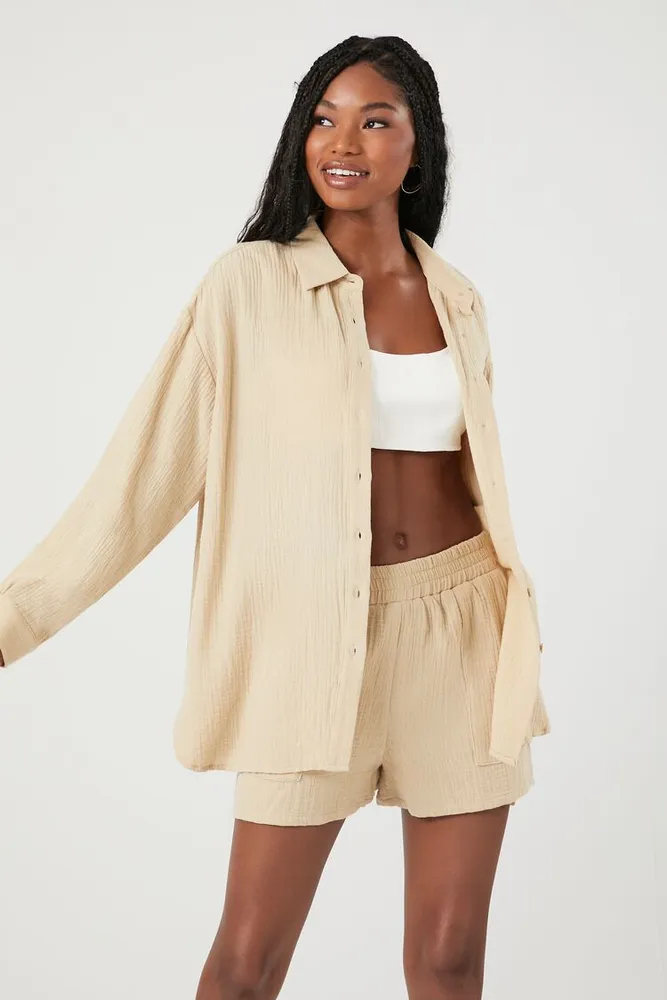 Forever 21 Women s Cotton Poplin Shirt Shorts Set in Taupe XL