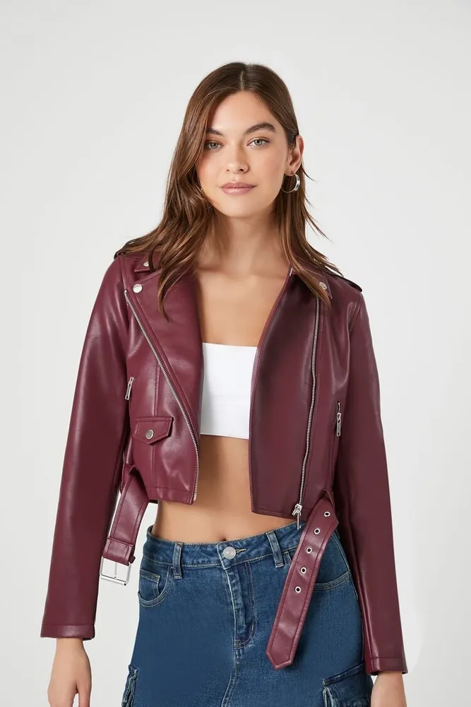 Forever 21 Women s Faux Leather Cropped Moto Jacket in Merlot XS