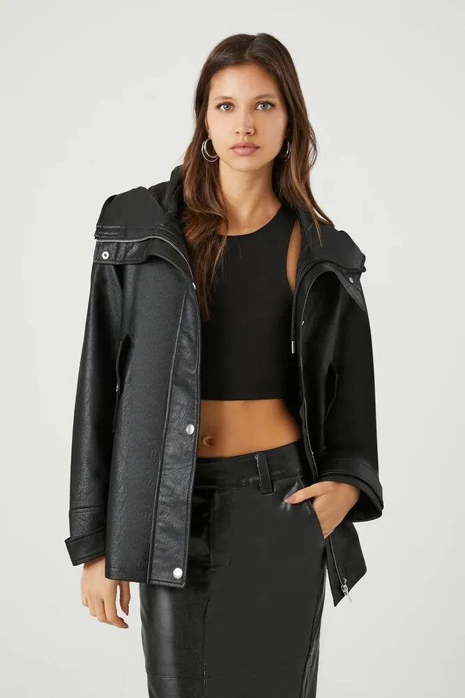 Faux leather hooded jacket women's top