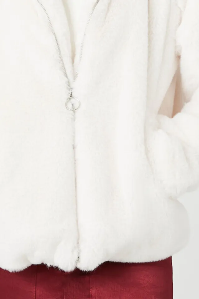 Forever 21 Women's Plush Faux Fur Zip-Up Hoodie White | MainPlace Mall