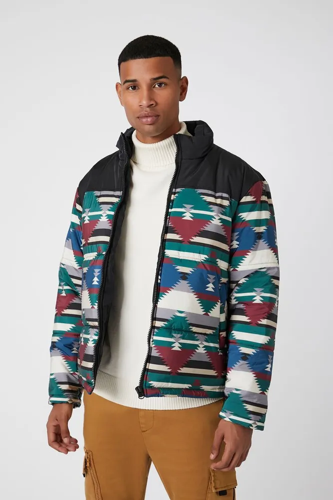 Forever 21 Men Colorblock Geo Print Puffer Jacket in Black Large