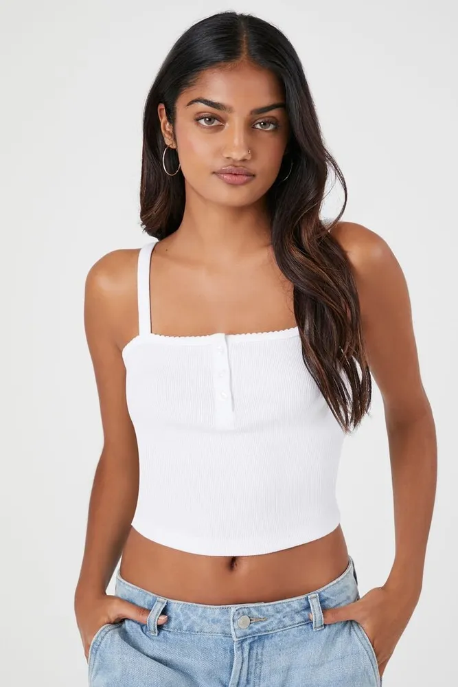 Forever 21 Women s Ribbed Half Button Cropped Cami White