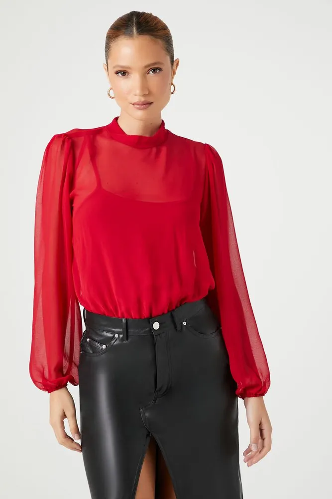 Forever 21 Women s Chiffon Mock Neck Bodysuit Red CoolSprings