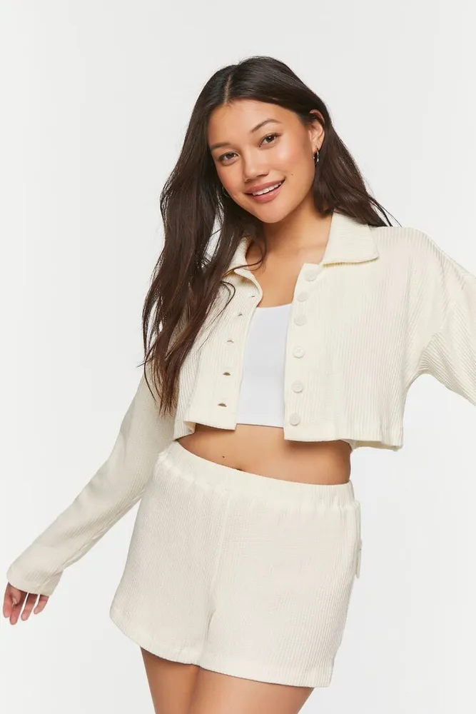 Forever 21 Women s Cropped Waffle Knit Shirt Shorts Set Cream