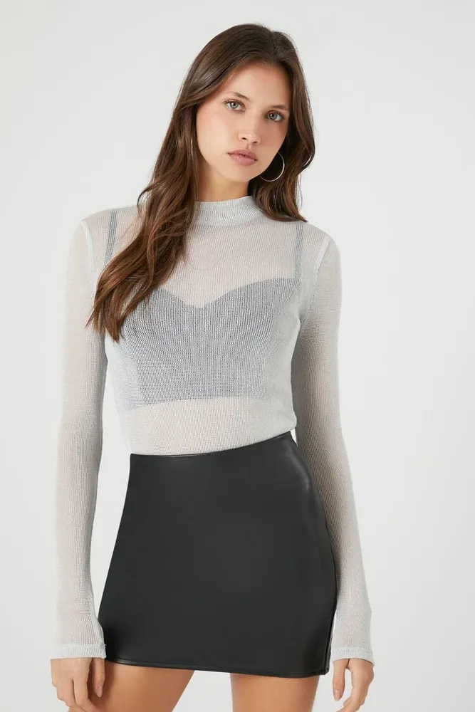 Forever 21 Women s Sheer Glitter Knit Turtleneck Top in Silver XL
