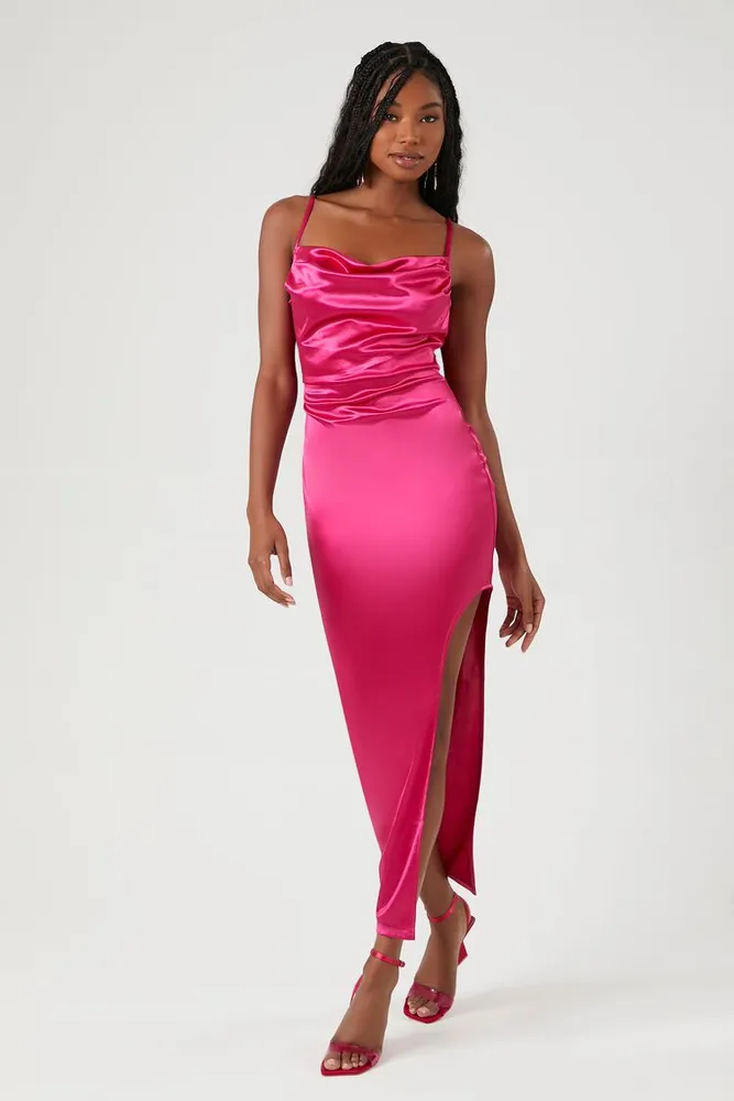 Forever 21 Women s Satin Asymmetrical Maxi Dress in Shocking Pink