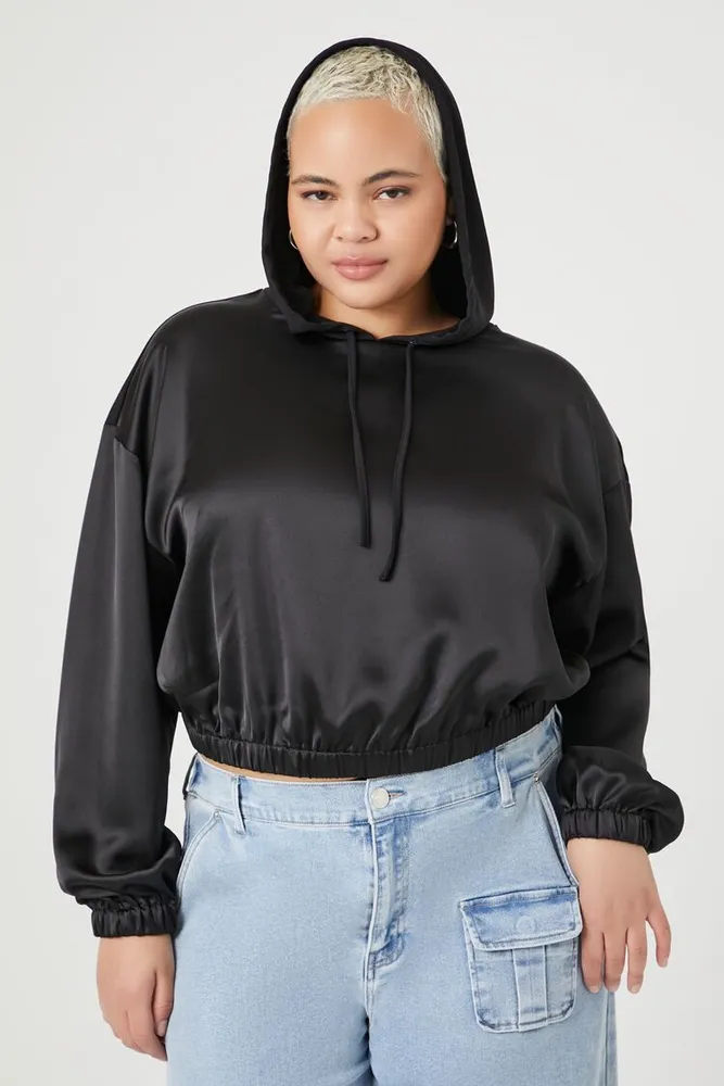 Forever 21 Women s Satin Cropped Hoodie in Black 1X CoolSprings