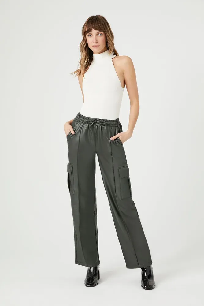 Forever 21 Women s Faux Leather Trouser Cargo Pants in Olive