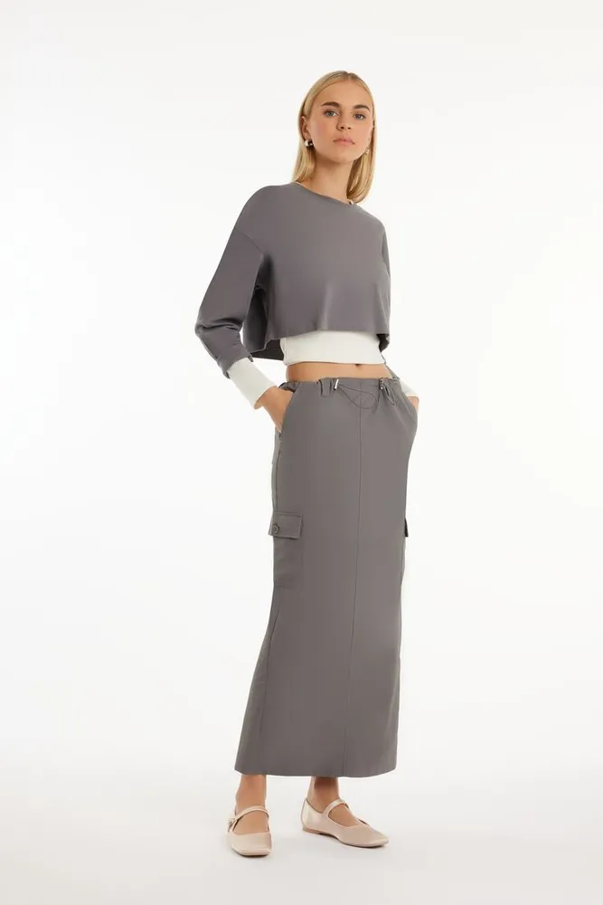 Forever 21 Women s Twill Toggle Drawstring Midi Skirt