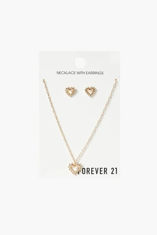 Forever 21 Women s Rhinestone Heart Earring Necklace Set in Gold