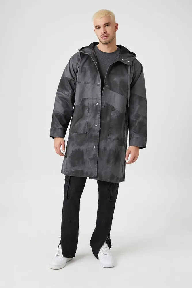 Forever 21 Men Hooded Tie Dye Trench Coat in Dark Grey Black Small