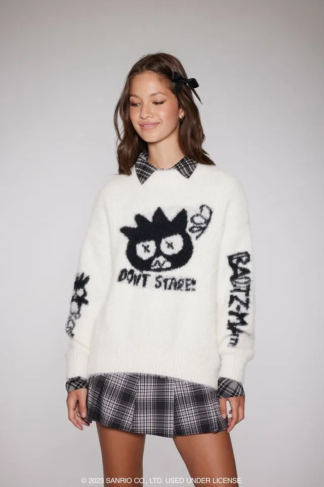 Forever 21 Women's Badtz-Maru Fuzzy Knit Sweater in Cream/Black