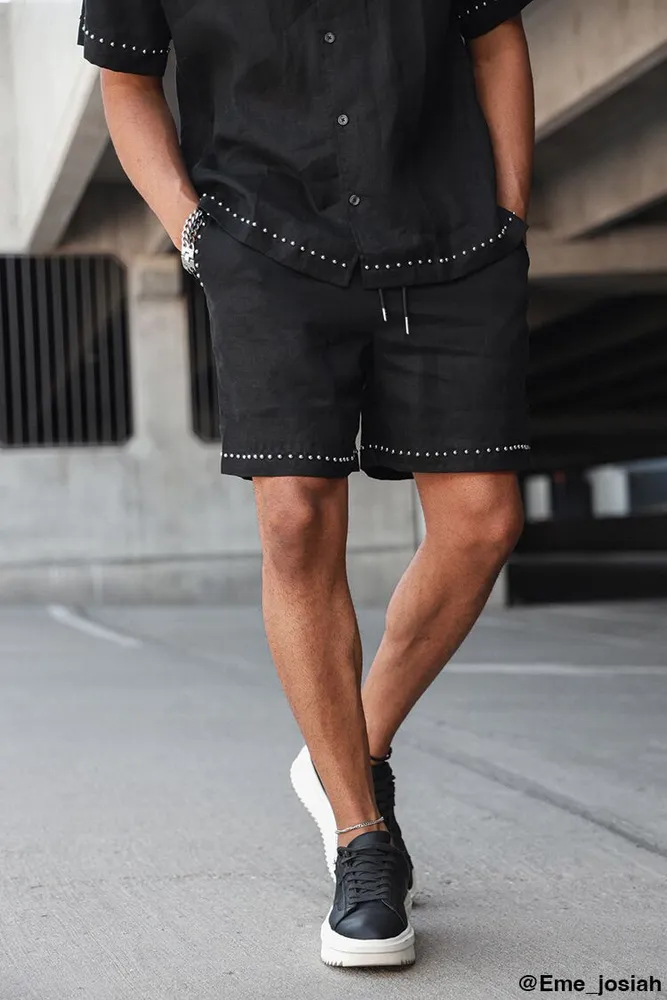 Forever 21 Men Studded Linen Drawstring Shorts in Black Large