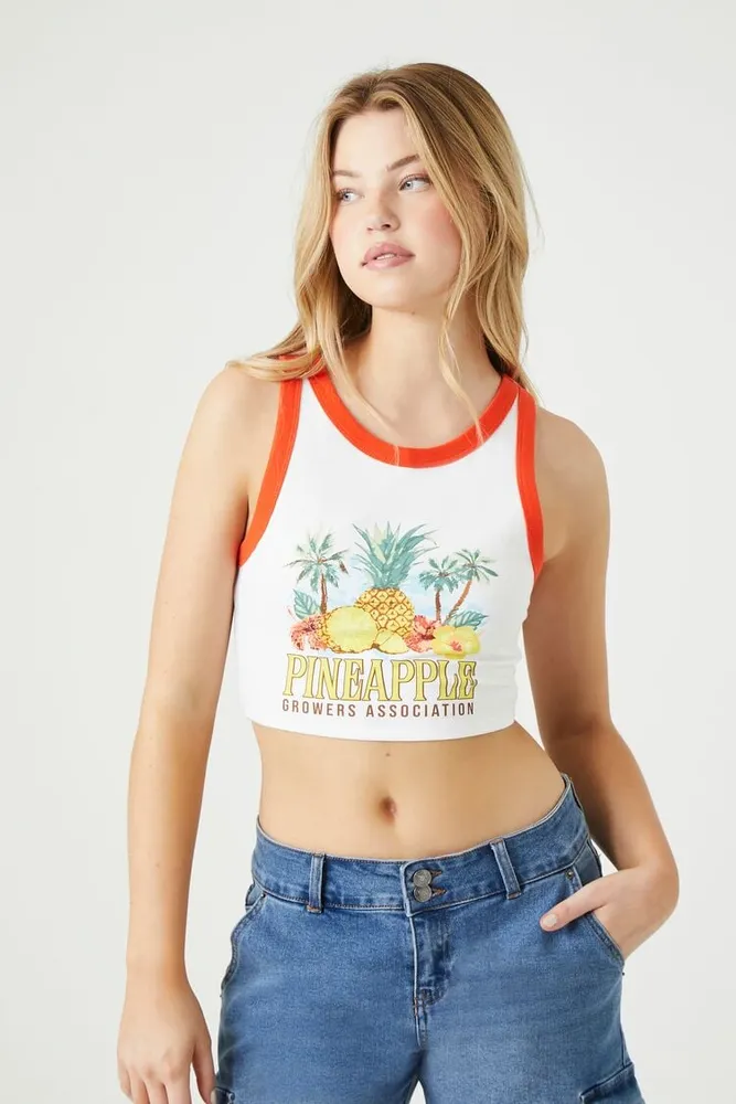 Forever 21 Women s Pineapple Cropped Ringer Tank Top in White