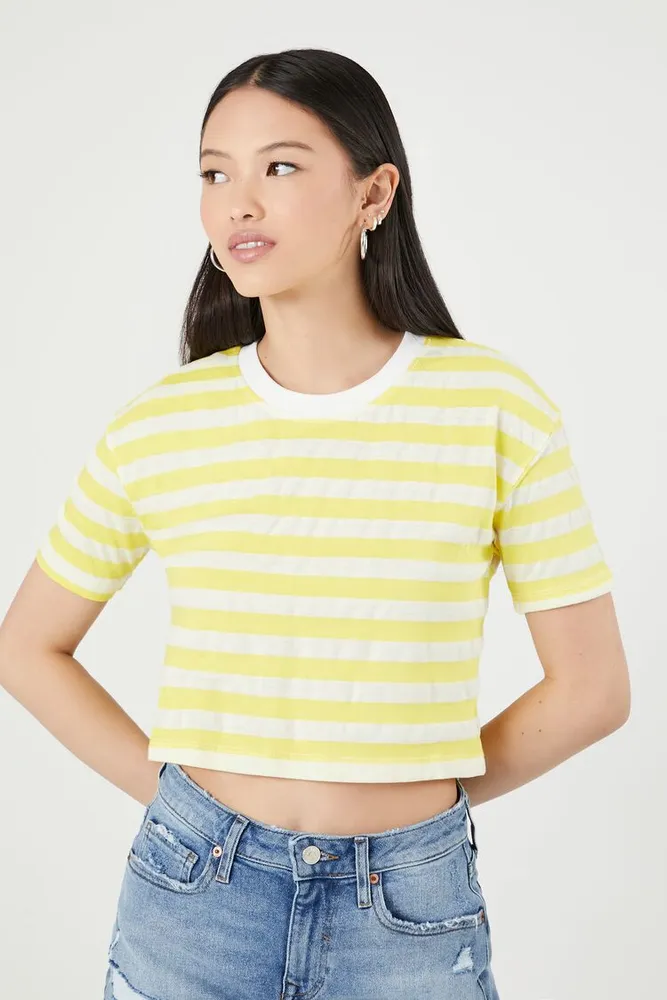 Forever 21 Women s Striped Cropped T Shirt in Yellow White Small