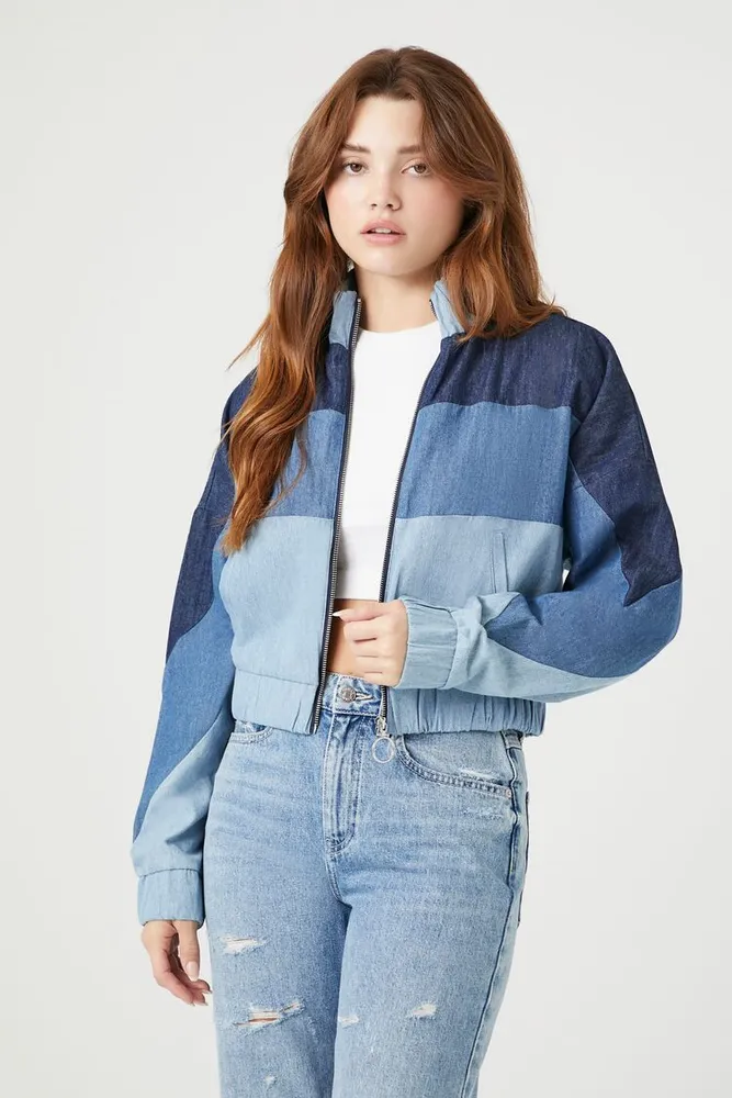 Forever 21 Women s Reworked Denim Bomber Jacket in Blue Small