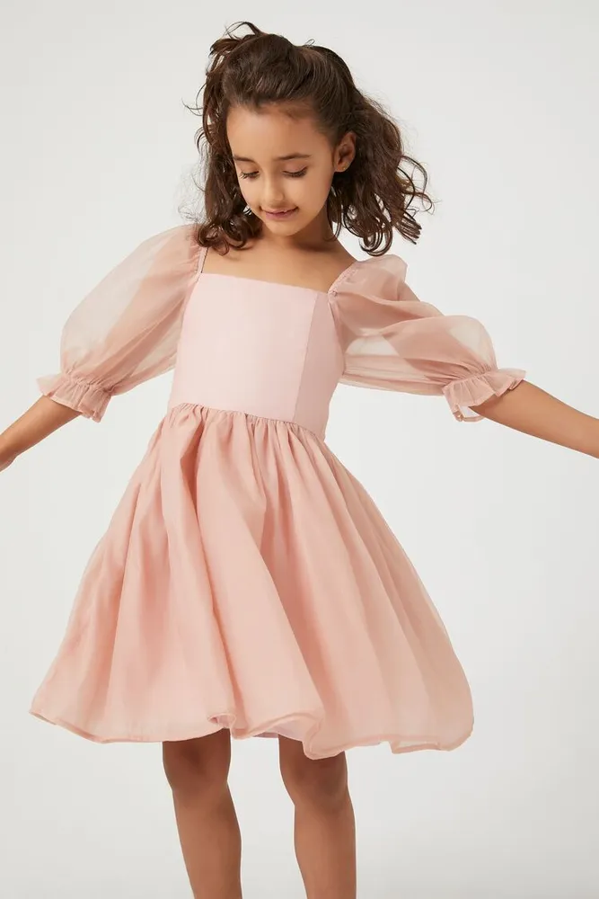 Forever 21 Girls Organza Puff Sleeve Dress Kids in Mauve 9 10