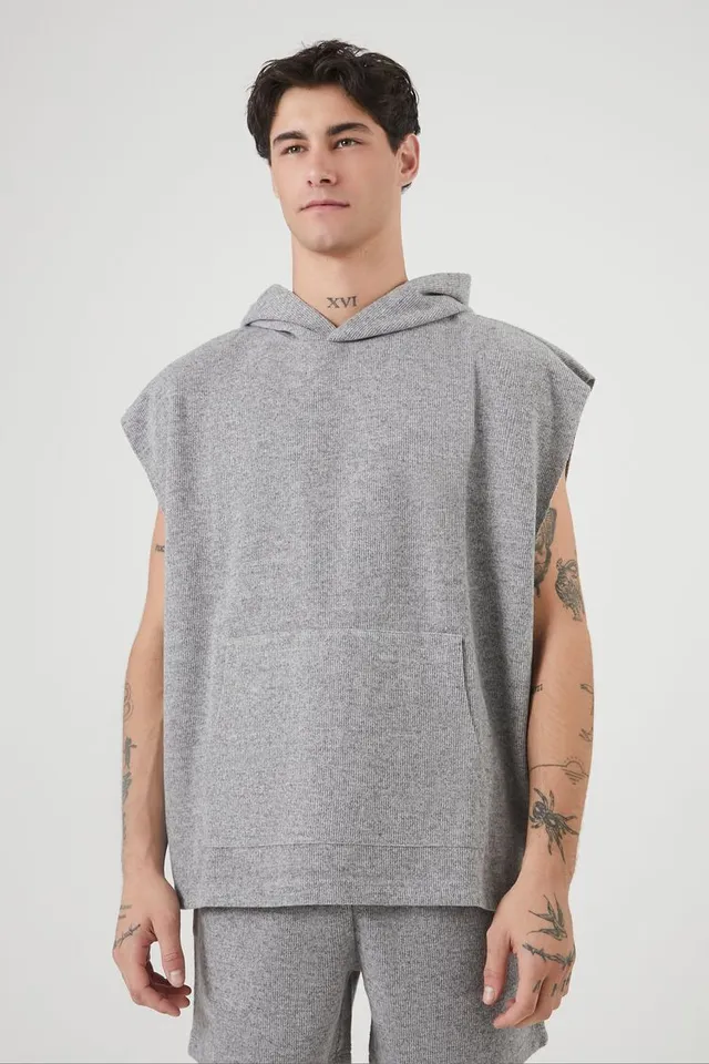 Forever 21 Men Oversized Ribbed Knit Sleeveless Hoodie in Dark
