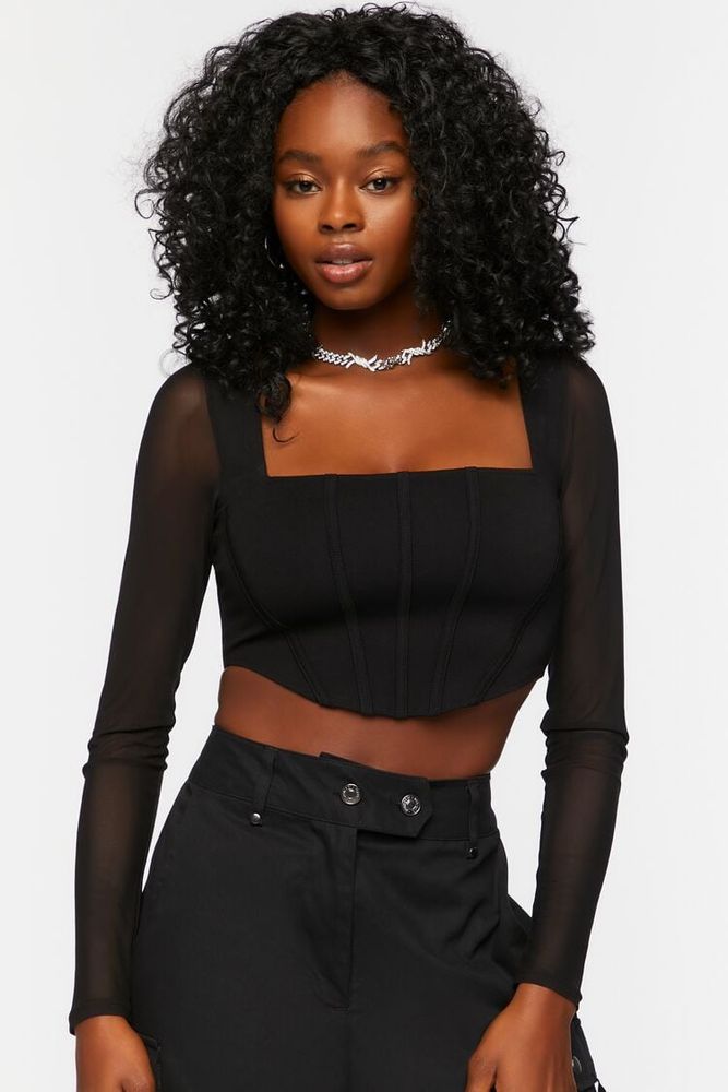 Forever 21 Women s Bustier Long Sleeve Crop Top in Black Large