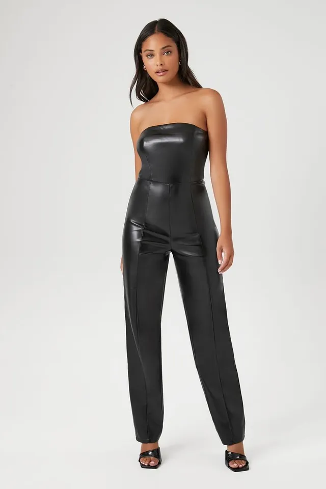 Forever 21 Women s Faux Leather Strapless Jumpsuit in Black XS