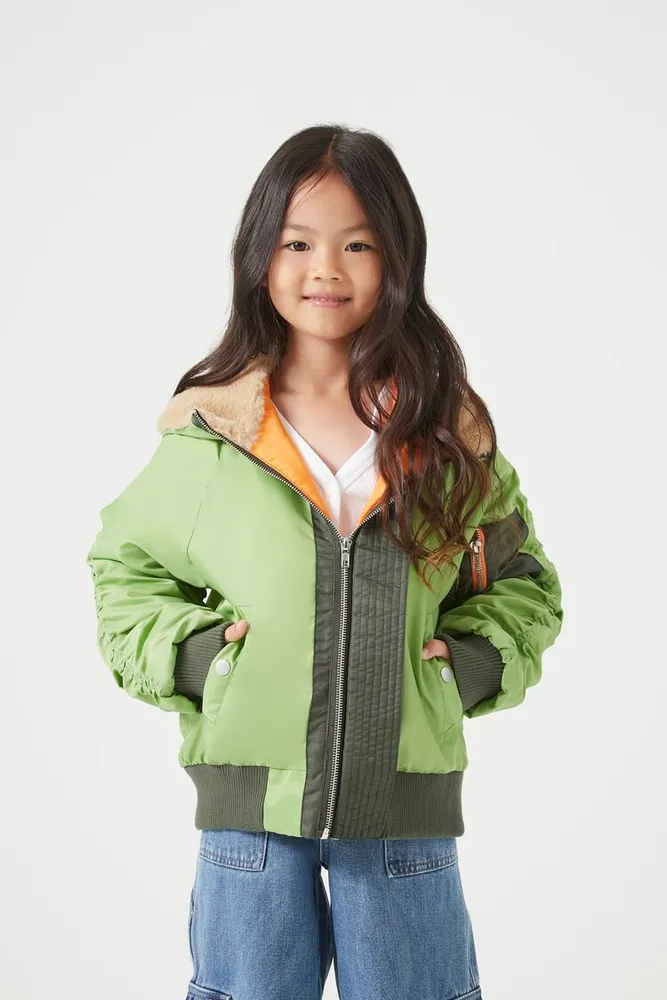 Forever 21 Girls Full Zip Colorblock Jacket Kids in Olive 9 10