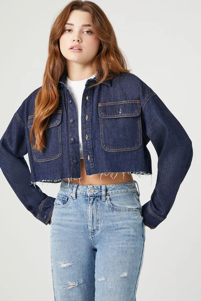 Forever 21 Women s Cropped Denim Shirt Dark CoolSprings Galleria