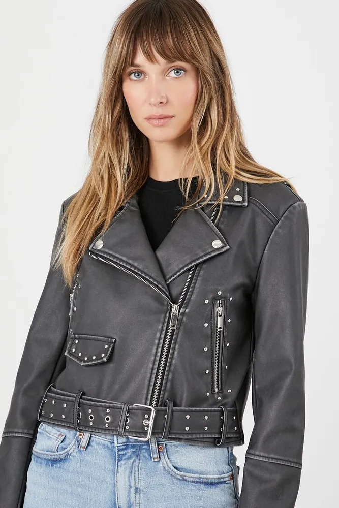 Forever 21 Women s Studded Faux Leather Moto Jacket Washed Black
