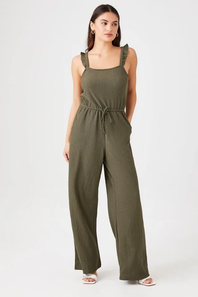 Forever 21 Women s Drawstring Wide Leg Jumpsuit in Olive XL