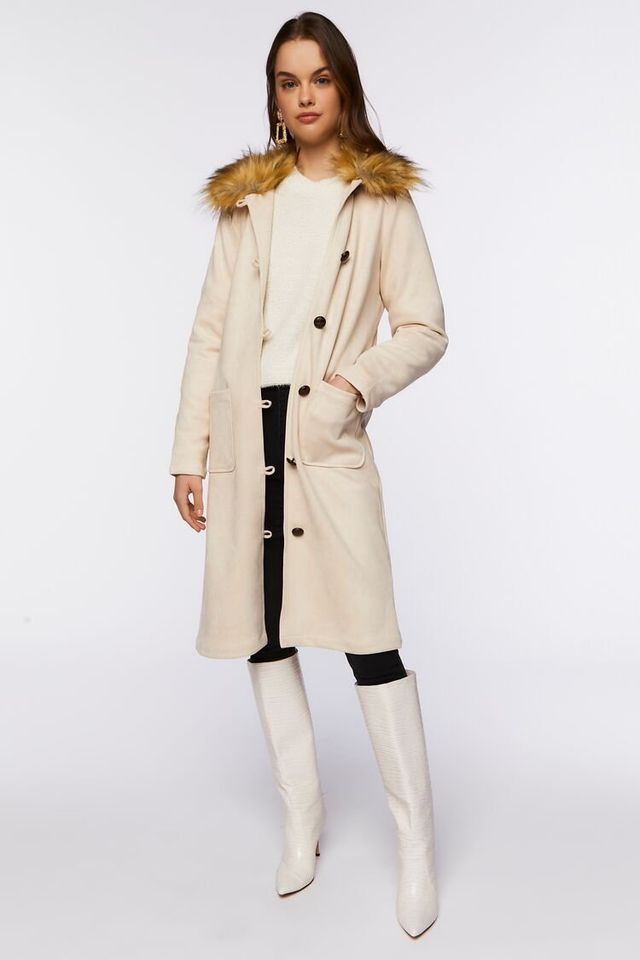 Forever 21 Women s Faux Suede Hooded Longline Jacket in Beige