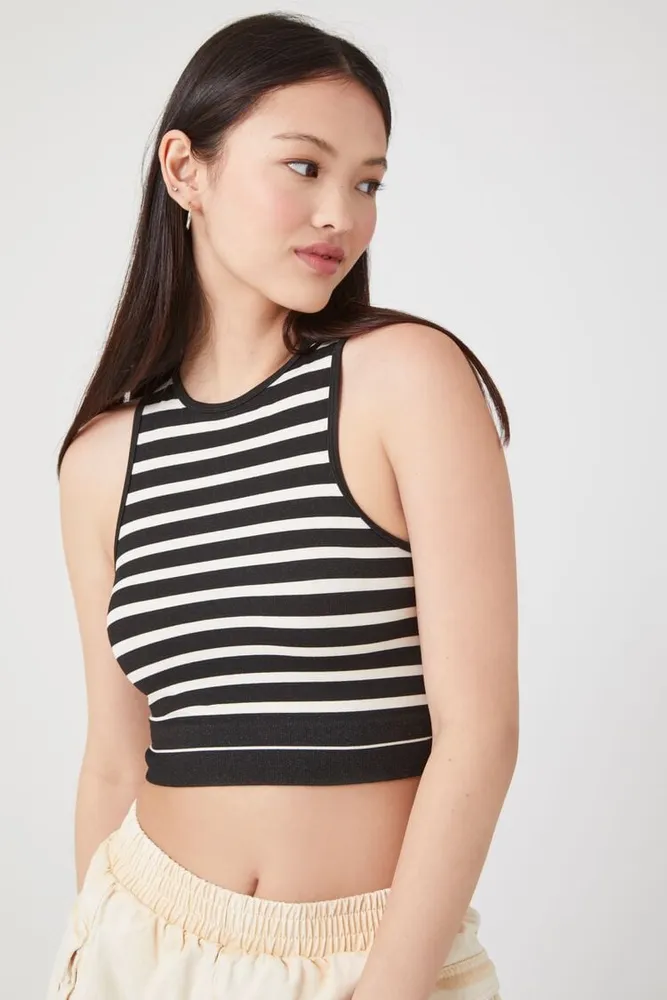 Forever 21 Women s Seamless Striped Cropped Tank Top in Black