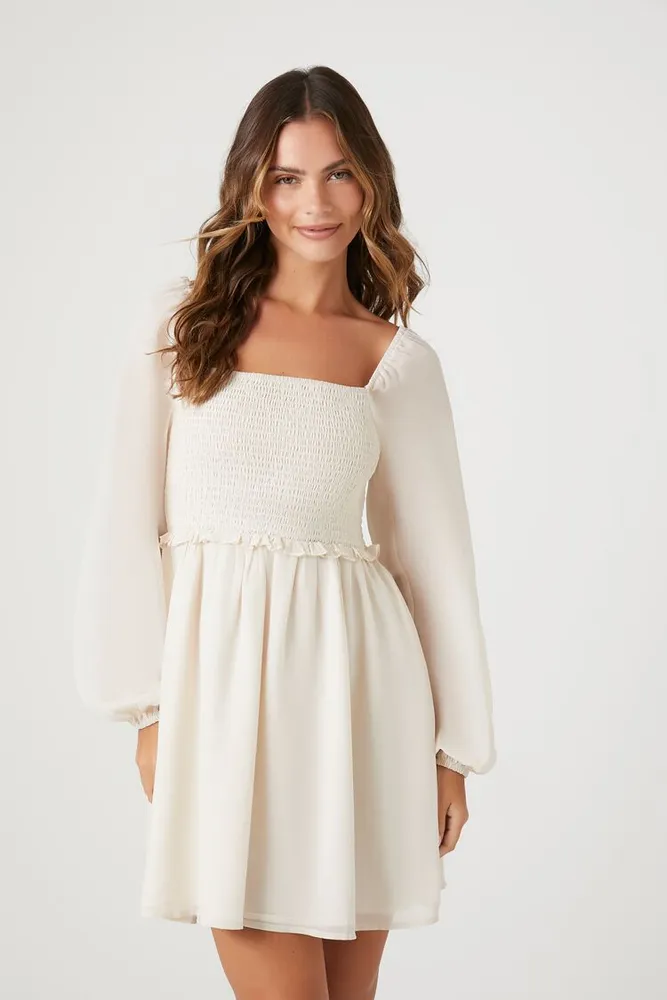 Forever 21 Women's Chiffon Smocked Peasant-Sleeve Mini Dress