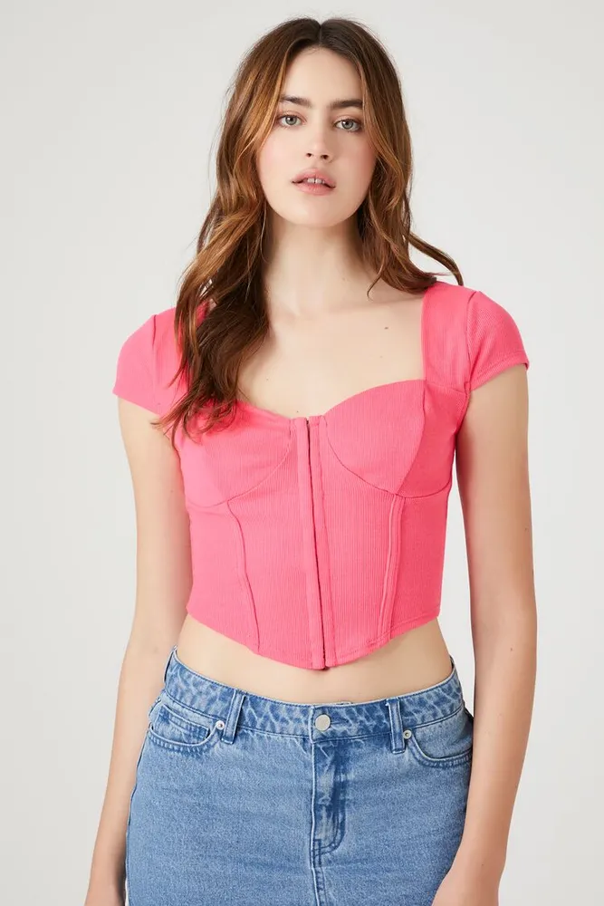 Forever 21 Women s Rib Knit Hook and Eye Corset Crop Top in Hot