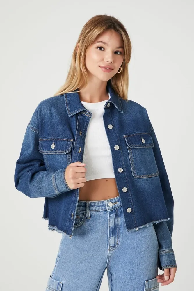 Forever 21 Women s Cropped Denim Jacket in Dark Denim Medium