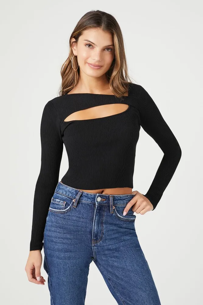 Forever 21 Women s Cutout Ribbed Knit Sweater in Black Small