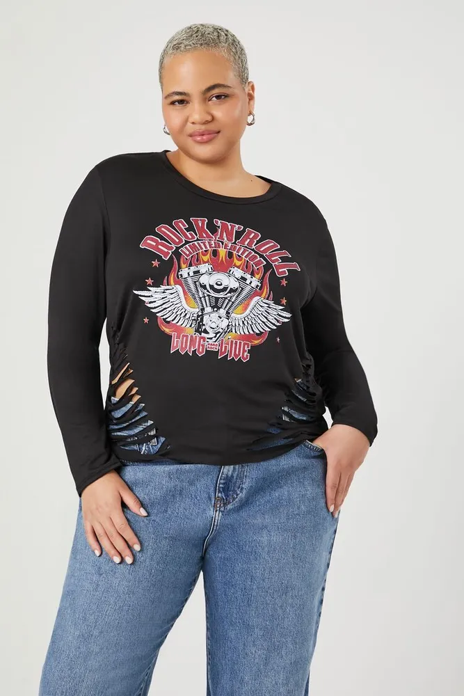 Forever 21 Women s Rock N Roll Slashed T Shirt in Black 2X