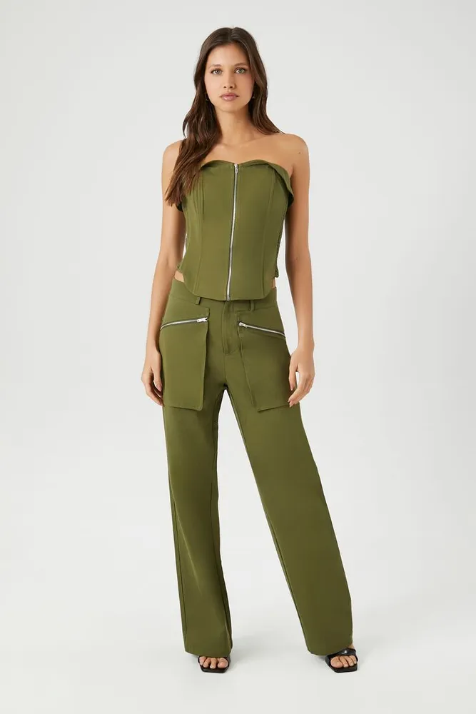 Forever 21 Women s Zip Pocket Straight Leg Pants in Olive Medium
