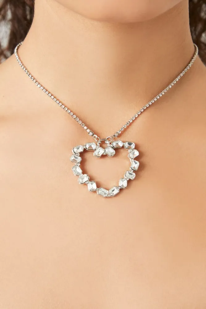 Forever 21 Women s Rhinestone Box Heart Necklace in Silver Clear