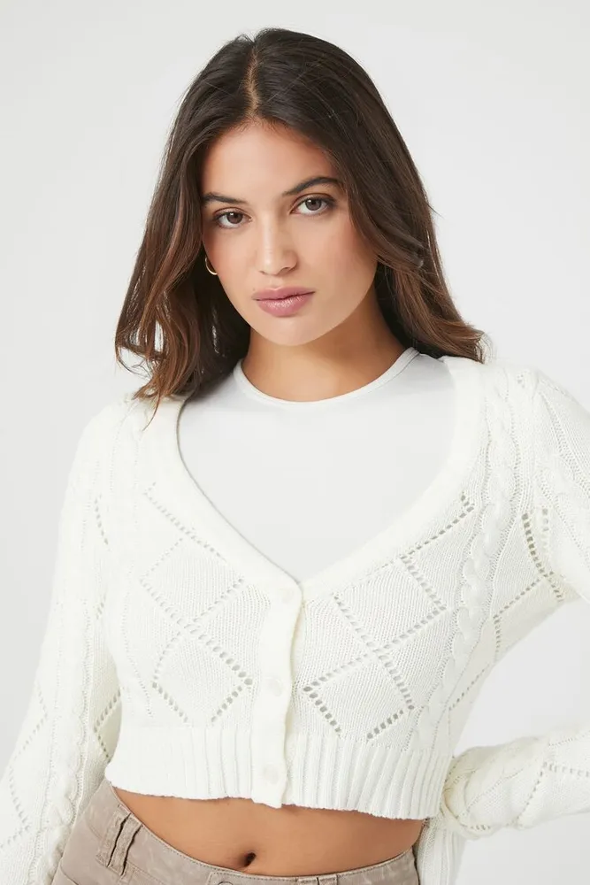 Forever 21 Women s Cropped Pointelle Cardigan Sweater in Vanilla