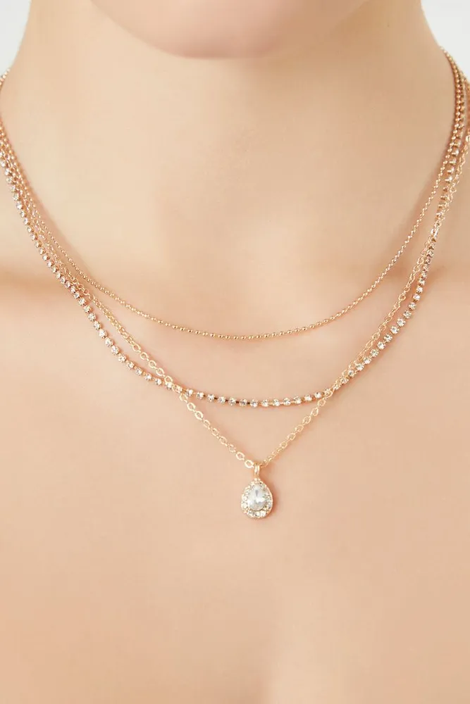 Forever 21 Women s Layered CZ Teardrop Necklace in Clear Gold