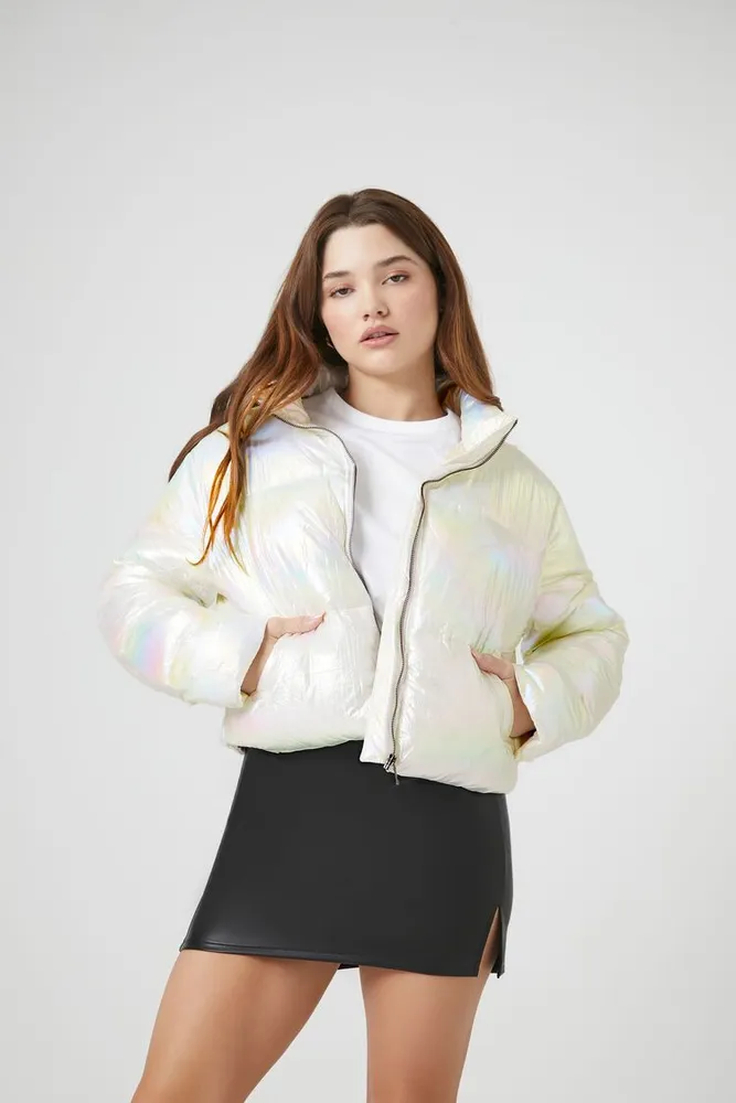 Forever 21 Women s Iridescent Quilted Puffer Jacket in White