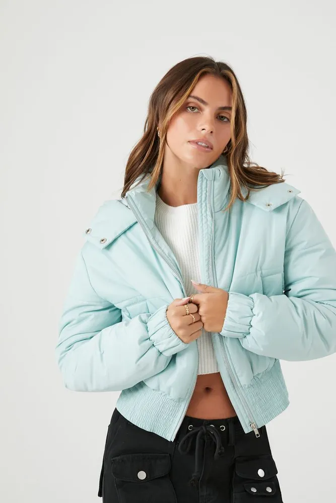 Forever 21 Women s Cropped Hooded Puffer Jacket in Green Haze