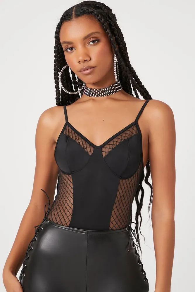 Forever 21 Women s Sheer Lattice Cami Bodysuit in Black Medium