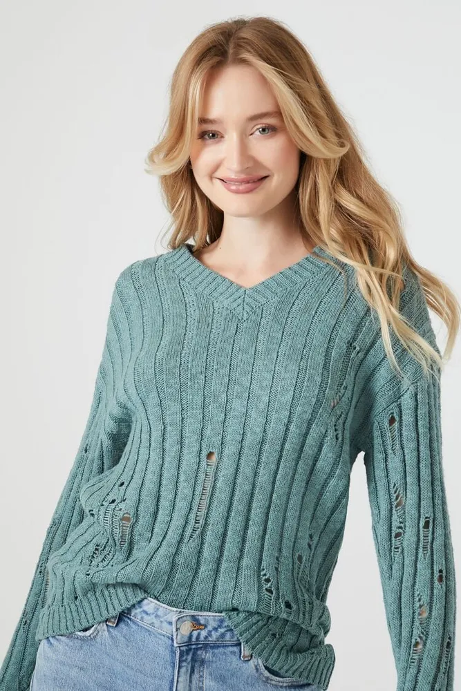 Forever 21 Women s Distressed V Neck Sweater in Blue Lake Small