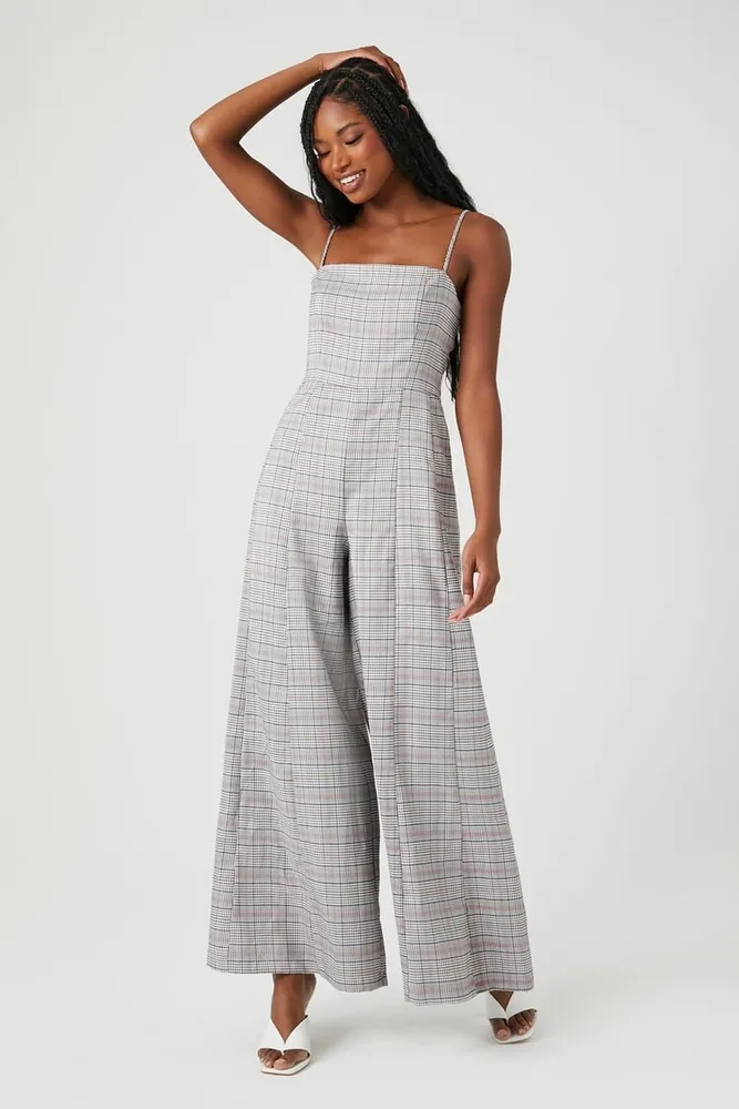 Forever 21 Women s Plaid Wide Leg Cami Jumpsuit in Black Small