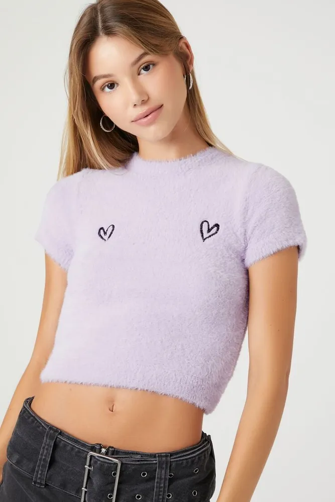 Forever 21 Women s Fuzzy Sweater Knit Heart Cropped T Shirt